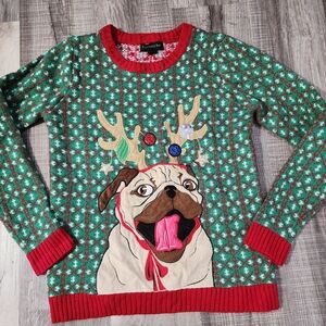 Kids Festive Pug Sweater in Green and Red